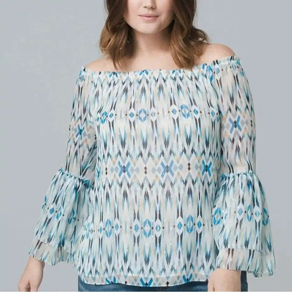 White House Black Market Off Shoulder Metallic Bell Sleeve Sheer Blouse Size S